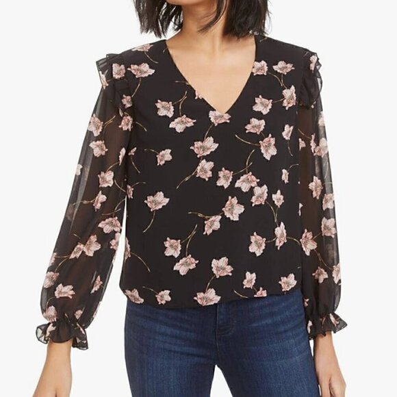 BAR III Floral Print Ruffle Sleeve Blouse Black Pink V-Neck Boho Long Sleeve S - Picture 1 of 15